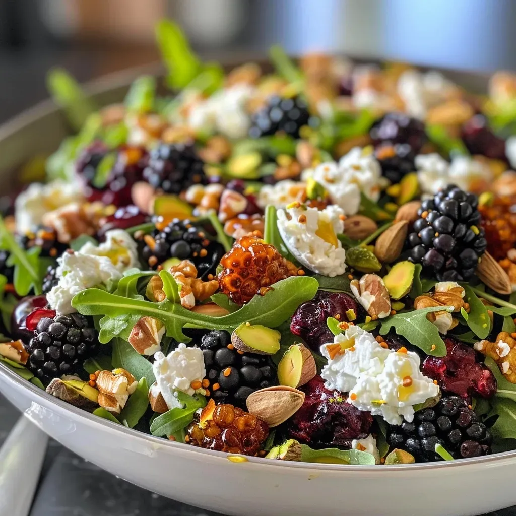 Close-up view of a Blackberry Goat Cheese Salad with arugula, blackberries, and goat cheese.