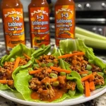 ['Close-up of Buffalo turkey lettuce wraps with carrot and celery slaw.', 'Side view of juicy Buffalo turkey lettuce wraps on a plate.', 'Freshly made Buffalo turkey wraps with a slaw garnish.', 'Colorful presentation of turkey lettuce wraps with vibrant slaw.']
