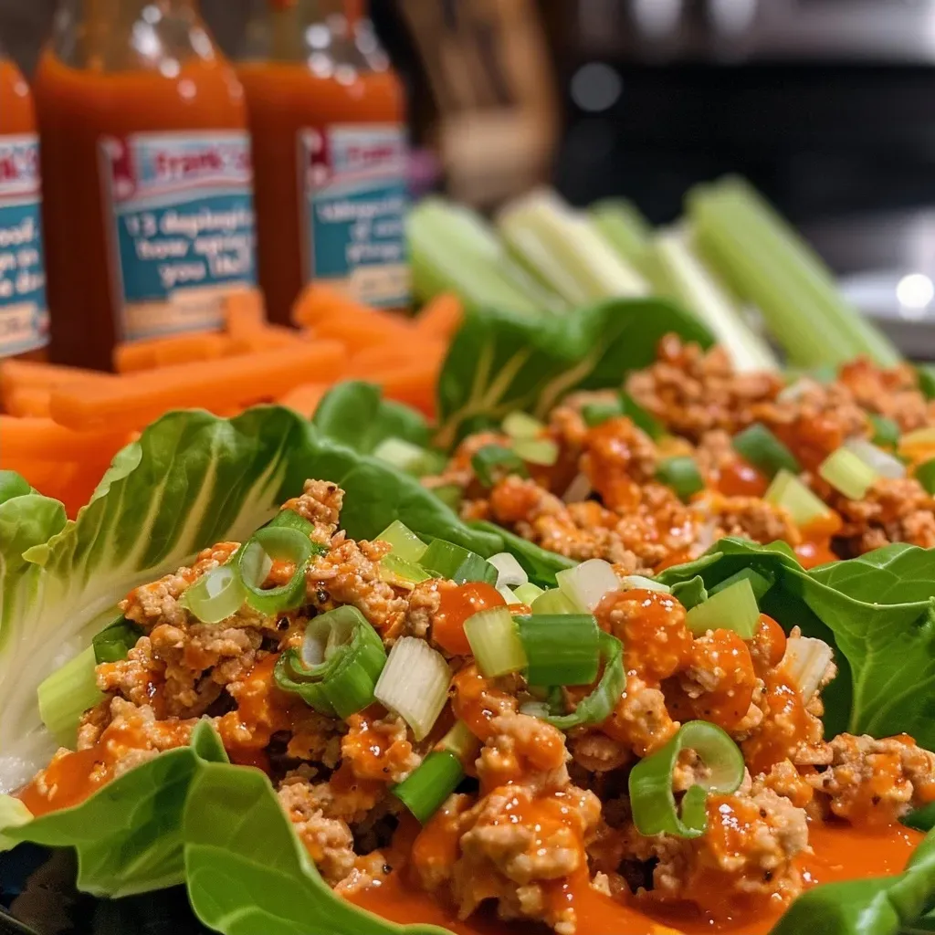 ['Close-up of Buffalo turkey lettuce wraps with carrot and celery slaw.', 'Side view of juicy Buffalo turkey lettuce wraps on a plate.', 'Freshly made Buffalo turkey wraps with a slaw garnish.', 'Colorful presentation of turkey lettuce wraps with vibrant slaw.']