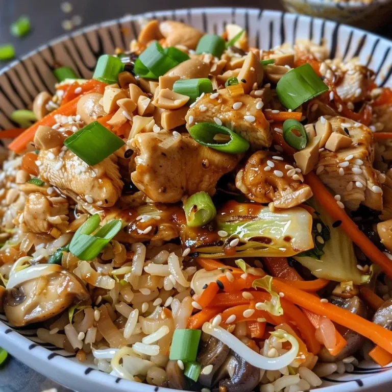 ['A close-up view of a colorful cabbage and peanut butter chicken stir-fry served in a white bowl.', 'A side view of stir-fried chicken with cabbage, carrots, and mushrooms, garnished with green onions and sesame seeds.', 'Juicy chicken pieces mixed with shredded cabbage and vibrant vegetables in a stir-fry presentation.', 'A vibrant stir-fry dish featuring tender chicken, mushrooms, and baby carrots, all enhanced with creamy peanut butter.']