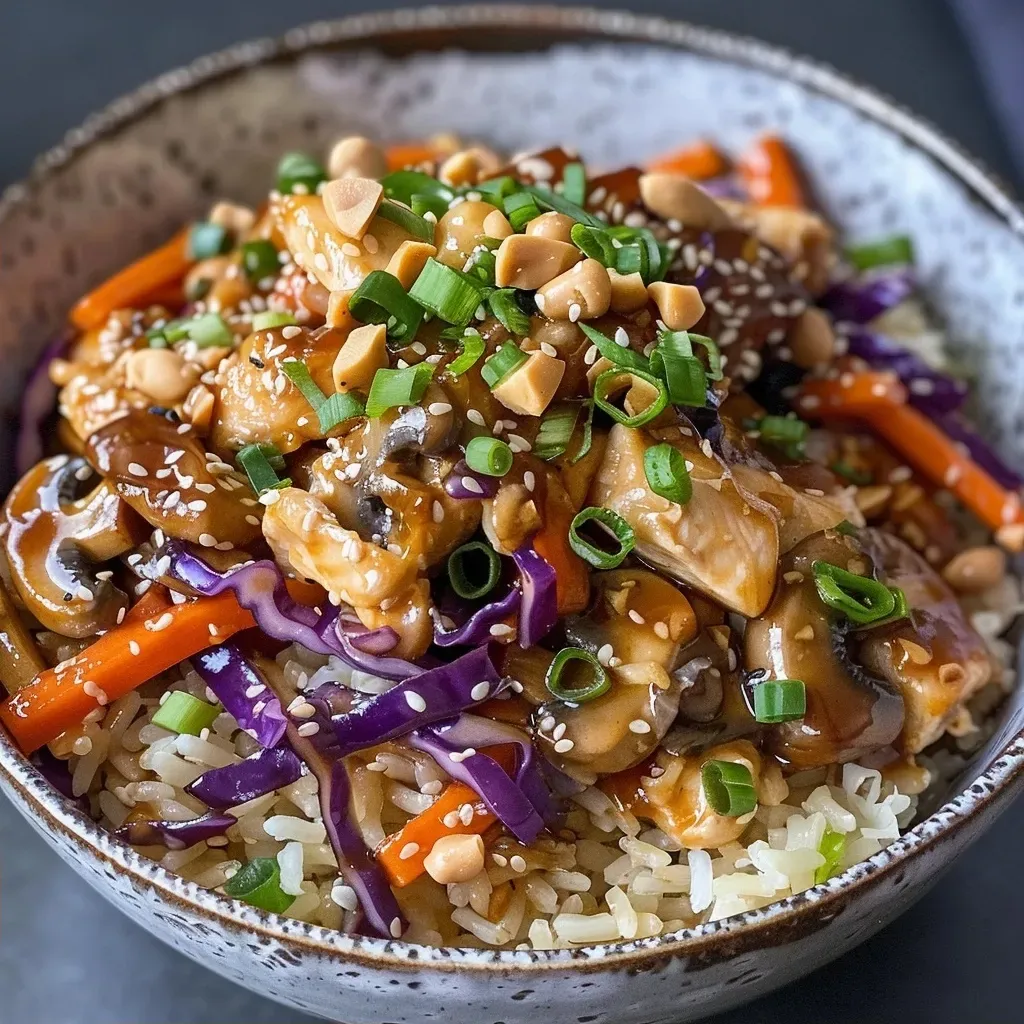 A close-up view of a colorful cabbage and peanut butter chicken stir-fry served in a white bowl.