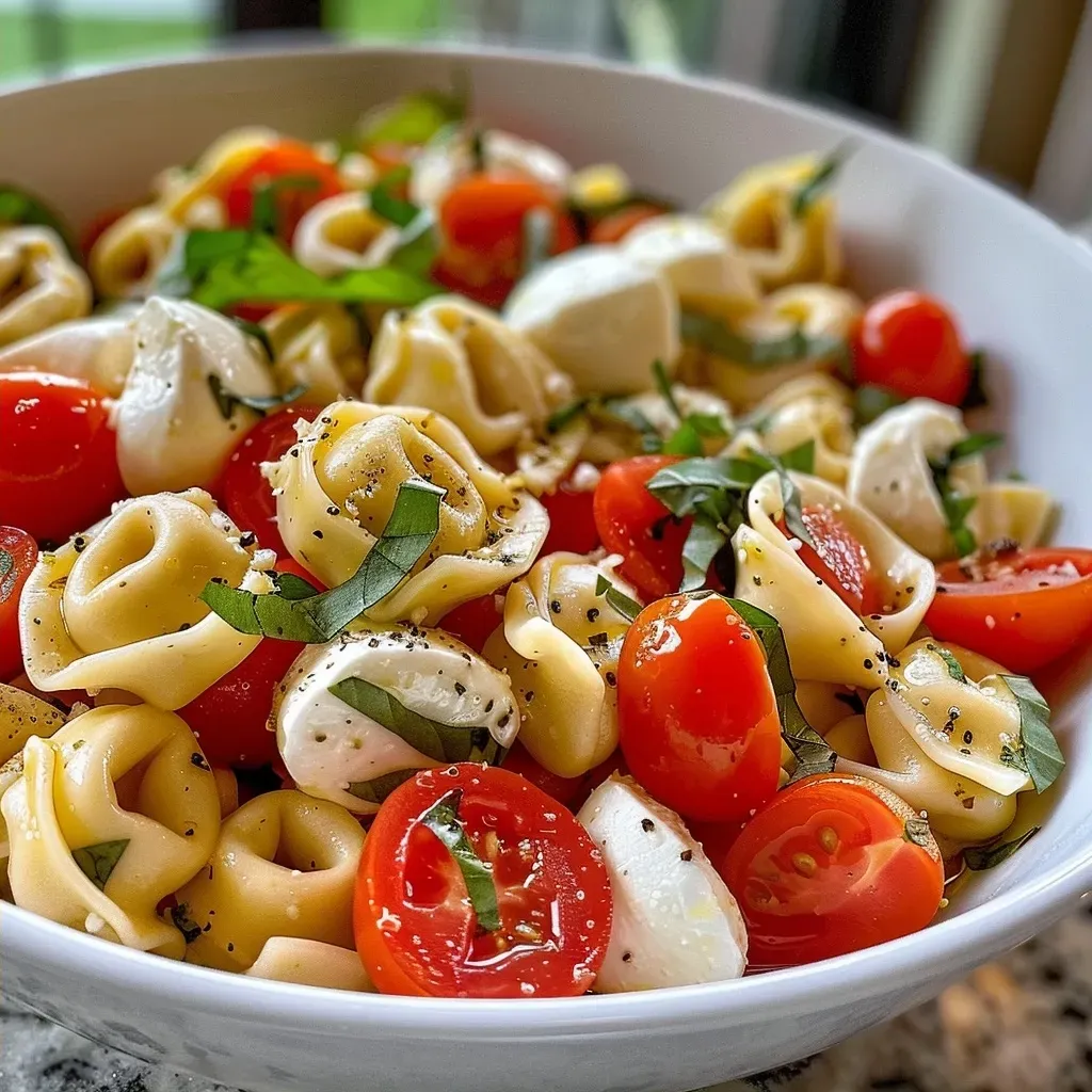 ['A vibrant bowl of Caprese Tortellini Pasta Salad with fresh ingredients.', 'Close-up view of Caprese Tortellini Pasta Salad featuring tortellini, mozzarella, tomatoes, and basil.', 'Colorful Caprese Tortellini Pasta Salad with cherry tomatoes and mozzarella pearls.', 'Side view of a serving of Caprese Tortellini Pasta Salad in a bowl.']