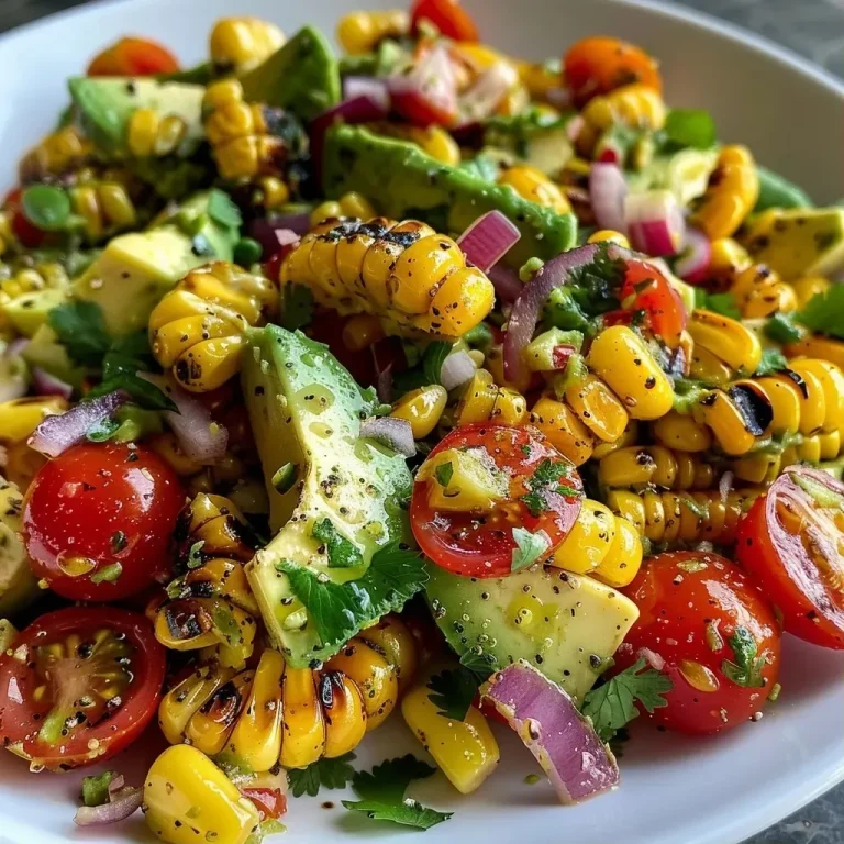 ['Close-up view of charred corn avocado salad with red onions, tomatoes, and cilantro.', 'Vibrant salad featuring charred corn, diced avocado, roasted red onions, and grape tomatoes.', 'Detailed shot of a fresh charred corn salad with colorful tomatoes and herbs.', 'Side view of a deliciously presented charred corn avocado salad with cooked red onions.']