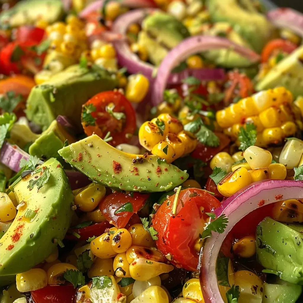 ['Close-up view of charred corn avocado salad with red onions, tomatoes, and cilantro.', 'Vibrant salad featuring charred corn, diced avocado, roasted red onions, and grape tomatoes.', 'Detailed shot of a fresh charred corn salad with colorful tomatoes and herbs.', 'Side view of a deliciously presented charred corn avocado salad with cooked red onions.']