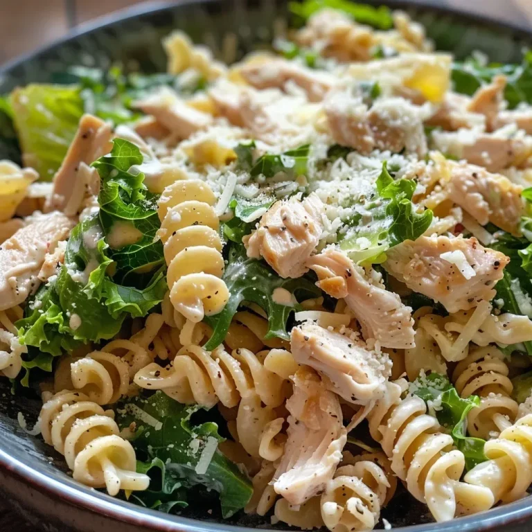 ['A close-up side view of a colorful Chicken Caesar Pasta Salad featuring rotini pasta, lettuce, and shredded chicken.', 'A vibrant Chicken Caesar Pasta Salad with fresh Romaine, pasta, and a creamy dressing, captured in a side view.', 'A detailed side view of a Chicken Caesar Pasta Salad showcasing ingredients like Parmesan cheese and juicy chicken.', 'An appetizing side view of a Chicken Caesar Pasta Salad with rotini pasta mixed with lettuce and creamy dressing.']
