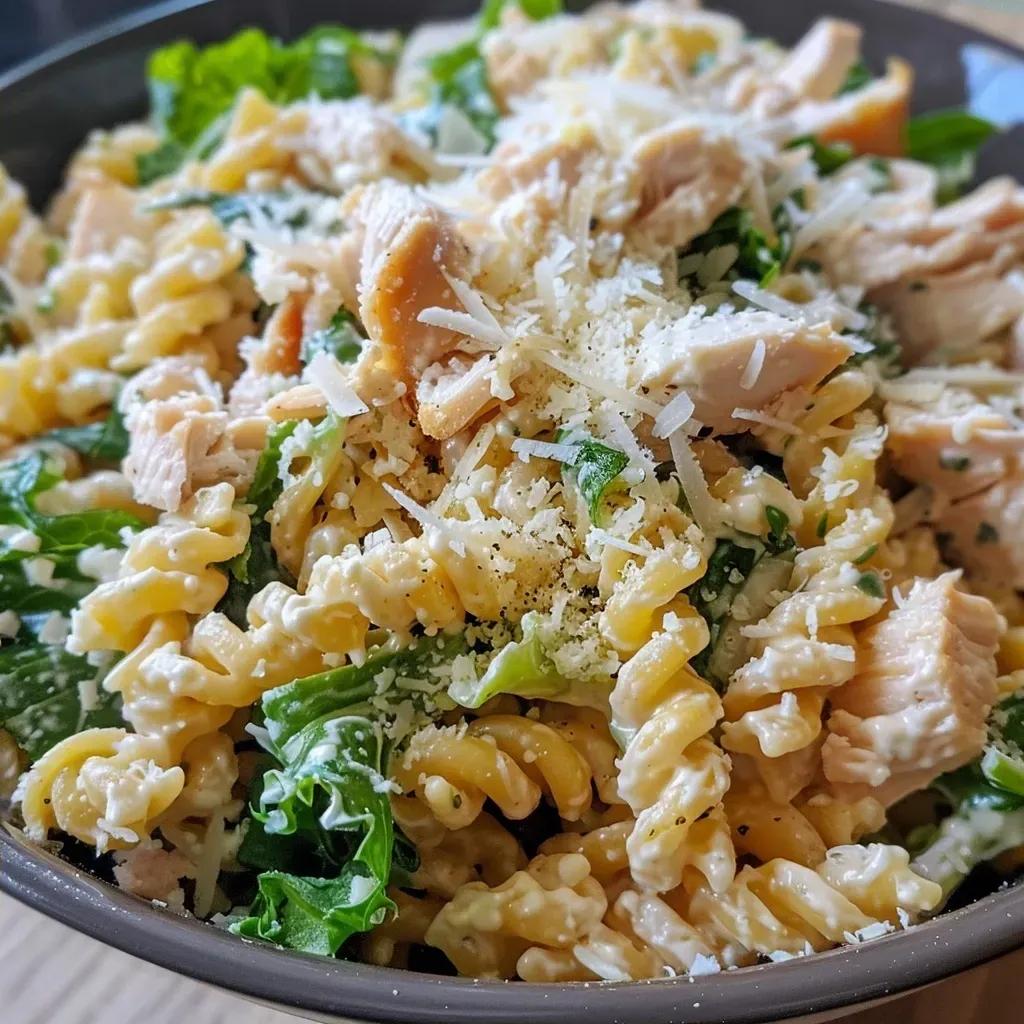 ['A close-up side view of a colorful Chicken Caesar Pasta Salad featuring rotini pasta, lettuce, and shredded chicken.', 'A vibrant Chicken Caesar Pasta Salad with fresh Romaine, pasta, and a creamy dressing, captured in a side view.', 'A detailed side view of a Chicken Caesar Pasta Salad showcasing ingredients like Parmesan cheese and juicy chicken.', 'An appetizing side view of a Chicken Caesar Pasta Salad with rotini pasta mixed with lettuce and creamy dressing.']