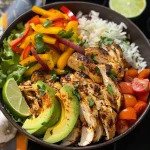['Close-up view of a Chicken Fajita Bowl featuring sliced chicken, colorful peppers, and rice.', 'Side angle of a Chicken Fajita Bowl with juicy chicken strips, fresh vegetables, and avocado.', 'Vibrant Chicken Fajita Bowl loaded with chicken, bell peppers, and rice, garnished with lime.', 'Detailed shot of a Chicken Fajita Bowl showcasing layers of chicken, veggies, and melted cheese.']