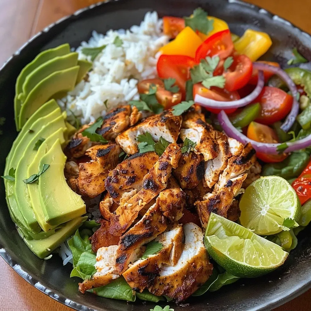 ['Close-up view of a Chicken Fajita Bowl featuring sliced chicken, colorful peppers, and rice.', 'Side angle of a Chicken Fajita Bowl with juicy chicken strips, fresh vegetables, and avocado.', 'Vibrant Chicken Fajita Bowl loaded with chicken, bell peppers, and rice, garnished with lime.', 'Detailed shot of a Chicken Fajita Bowl showcasing layers of chicken, veggies, and melted cheese.']