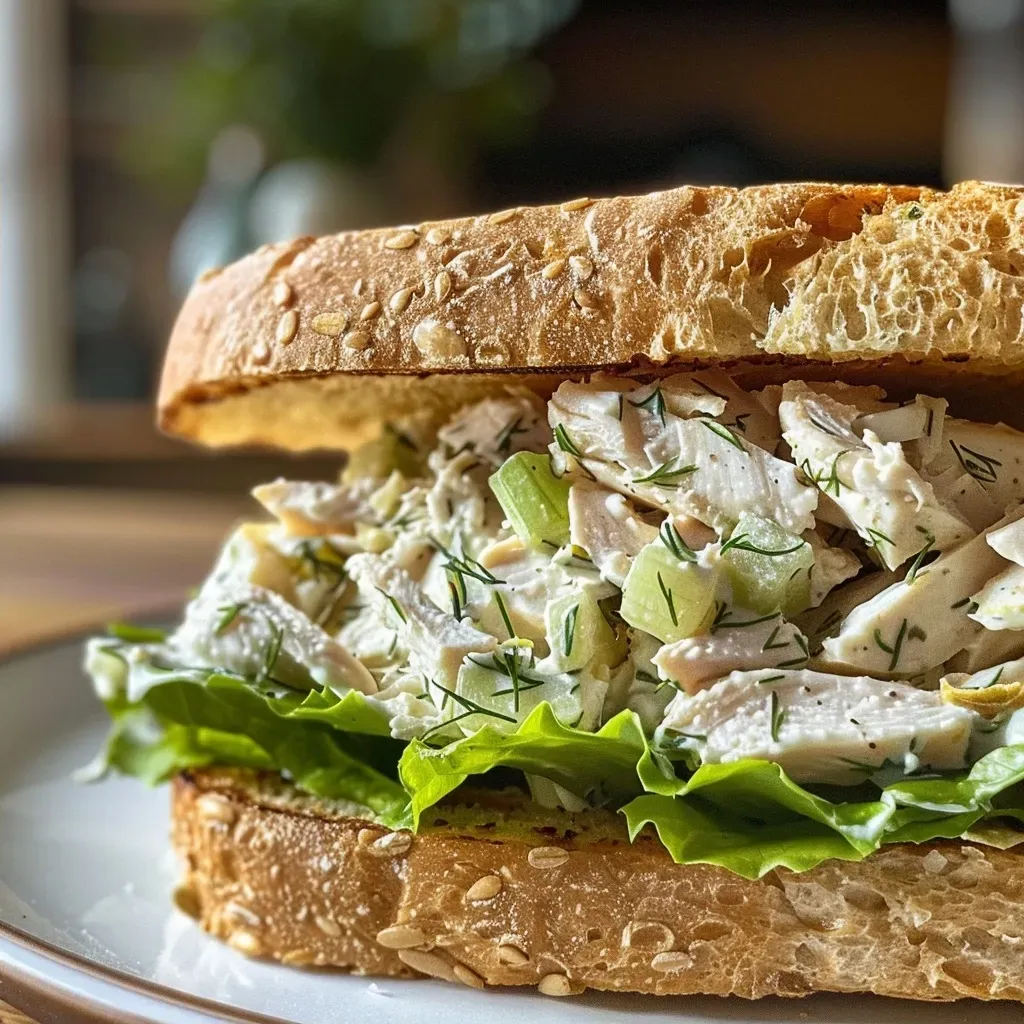 ['A close-up view of a juicy chicken salad sandwich on white bread with lettuce.', 'Side view of a chicken salad sandwich filled with shredded chicken and green celery.', 'A detailed shot of a chicken salad sandwich showcasing its creamy filling and fresh ingredients.', 'A vibrant close-up of a sliced chicken salad sandwich with lettuce leaves peeking out.']