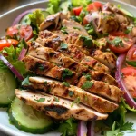 ['Close-up of a colorful Chicken Shawarma Salad featuring sliced chicken, fresh veggies, and tahini sauce.', 'Side view of a Chicken Shawarma Salad showcasing tender chicken thighs, romaine lettuce, and vibrant toppings.', 'Juicy Chicken Shawarma Salad with chopped cucumbers, tomatoes, and a drizzle of tahini, captured in detailed focus.', 'Close-up image of a hearty Chicken Shawarma Salad, highlighting the variety of fresh ingredients and savory chicken.']