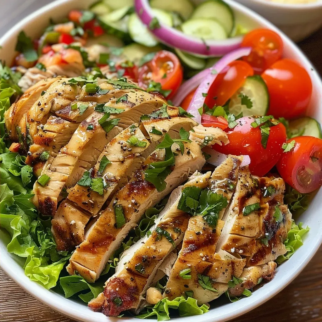 ['Close-up of a colorful Chicken Shawarma Salad featuring sliced chicken, fresh veggies, and tahini sauce.', 'Side view of a Chicken Shawarma Salad showcasing tender chicken thighs, romaine lettuce, and vibrant toppings.', 'Juicy Chicken Shawarma Salad with chopped cucumbers, tomatoes, and a drizzle of tahini, captured in detailed focus.', 'Close-up image of a hearty Chicken Shawarma Salad, highlighting the variety of fresh ingredients and savory chicken.']