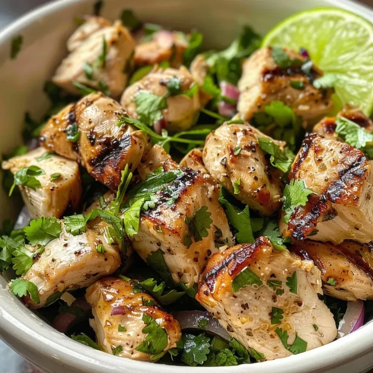 ['Close-up of a vibrant cilantro lime chicken salad with chunks of chicken and fresh herbs.', 'Side view of a bowl filled with cilantro lime chicken salad, showcasing its colorful ingredients.', 'Juicy chicken salad featuring cilantro and lime, served in a rustic bowl.', 'Detailed view of a freshly made cilantro lime chicken salad with chopped vegetables.']