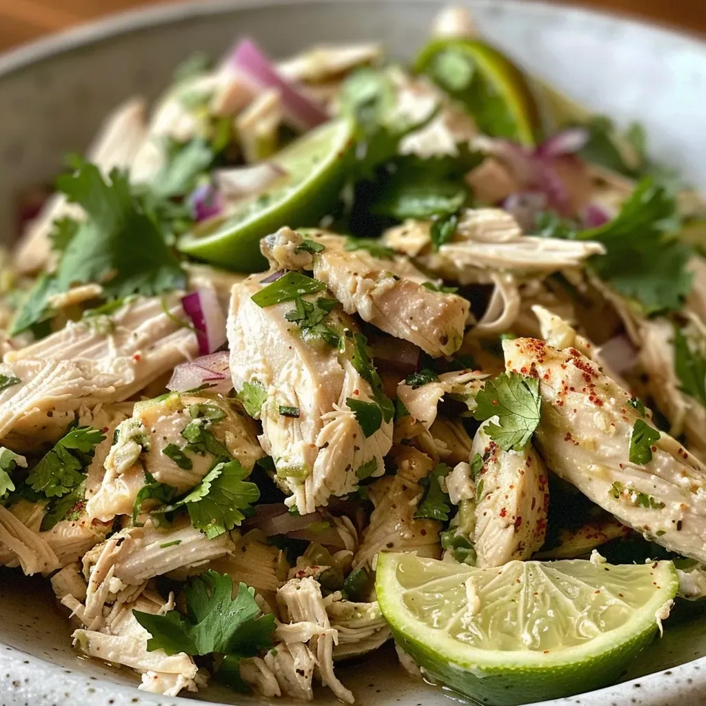 ['Close-up of a vibrant cilantro lime chicken salad with chunks of chicken and fresh herbs.', 'Side view of a bowl filled with cilantro lime chicken salad, showcasing its colorful ingredients.', 'Juicy chicken salad featuring cilantro and lime, served in a rustic bowl.', 'Detailed view of a freshly made cilantro lime chicken salad with chopped vegetables.']