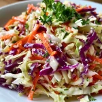 ['Close-up view of a bowl of Classic Southern Vinegar Coleslaw with colorful shredded cabbage and carrots.', 'Side view of a vibrant coleslaw made with green and red cabbage, showcasing its fresh ingredients.', 'Juicy Classic Southern Vinegar Coleslaw displayed in a rustic bowl, featuring finely shredded vegetables.', 'Detailed shot of coleslaw highlighting its crisp texture and bright colors, emphasizing the ingredients.']