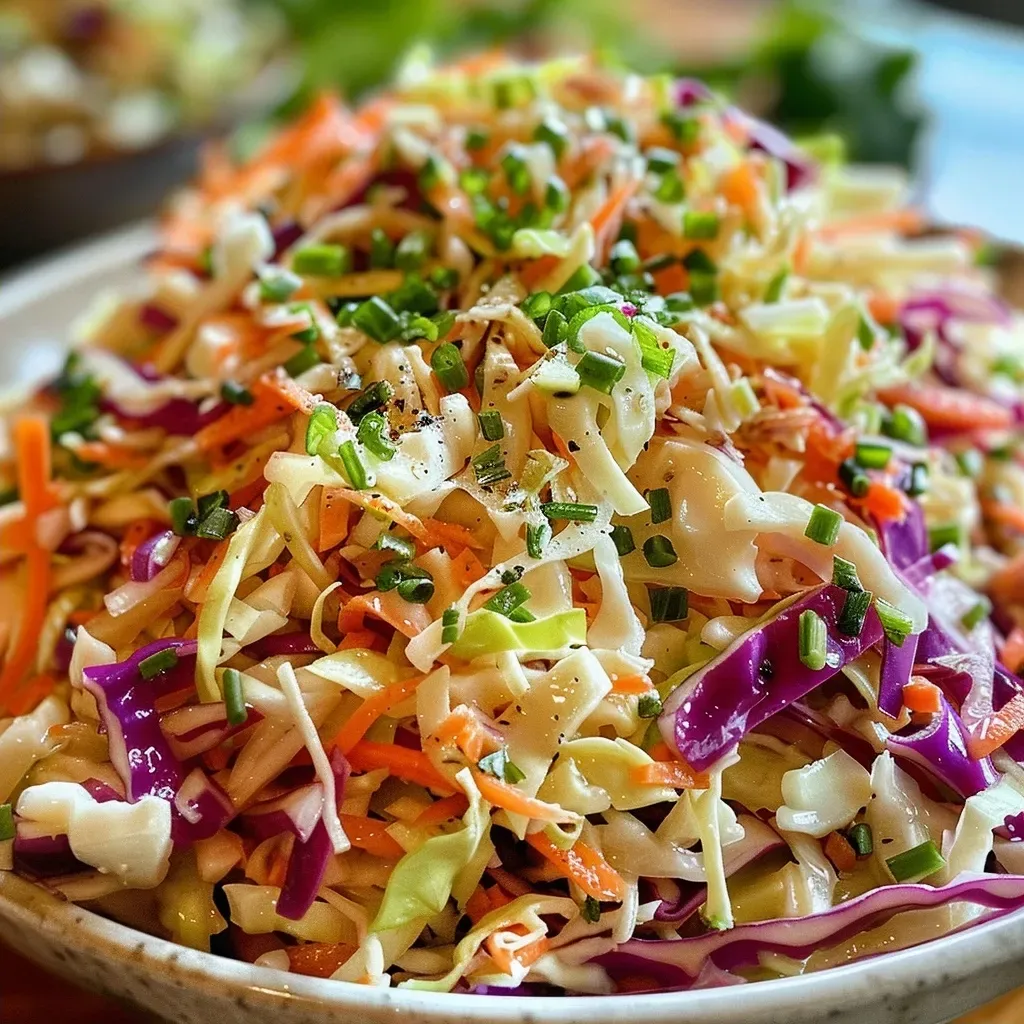 Close-up view of a bowl of Classic Southern Vinegar Coleslaw with colorful shredded cabbage and carrots.