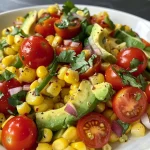 ['Close-up view of a colorful Corn and Tomato Summer Salad with fresh ingredients.', 'Juicy Corn and Tomato Summer Salad featuring corn, tomatoes, avocado, and herbs.', 'Side view of a vibrant salad with corn, cherry tomatoes, and diced red onion.', 'Detailed shot of a summer salad made with fresh corn, tomatoes, avocado, and cilantro.']