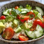 ['Close-up of a bowl filled with cottage cheese and diced avocado salad.', 'Side view of a vibrant salad featuring cottage cheese and fresh vegetables.', 'Juicy cottage cheese and avocado salad with colorful ingredients in a bowl.', 'A fresh and healthy salad composed of cottage cheese, avocado, and cherry tomatoes.']