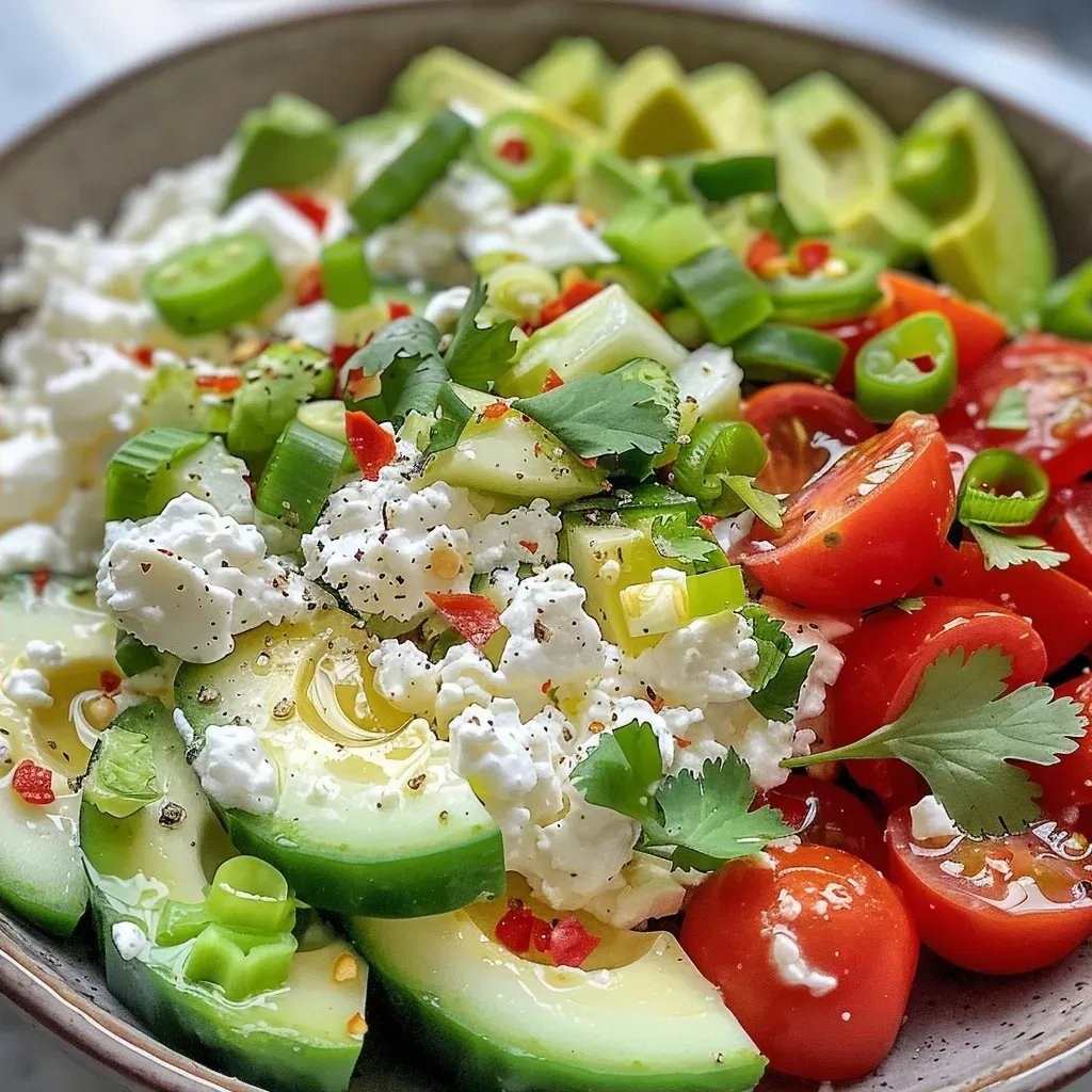 Close-up of a bowl filled with cottage cheese and diced avocado salad.