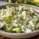 ['A close-up side view of a Cottage Cheese Cucumber Salad in a white bowl with fresh cucumber slices.', 'A vibrant Cottage Cheese Cucumber Salad featuring green cucumbers and fluffy cottage cheese, presented in a bowl.', 'A detailed shot of a fresh cottage cheese salad with diced cucumbers and herbs, set against a simple background.', 'An appetizing side view of Cottage Cheese Cucumber Salad highlighting cucumber pieces and creamy cottage cheese.']