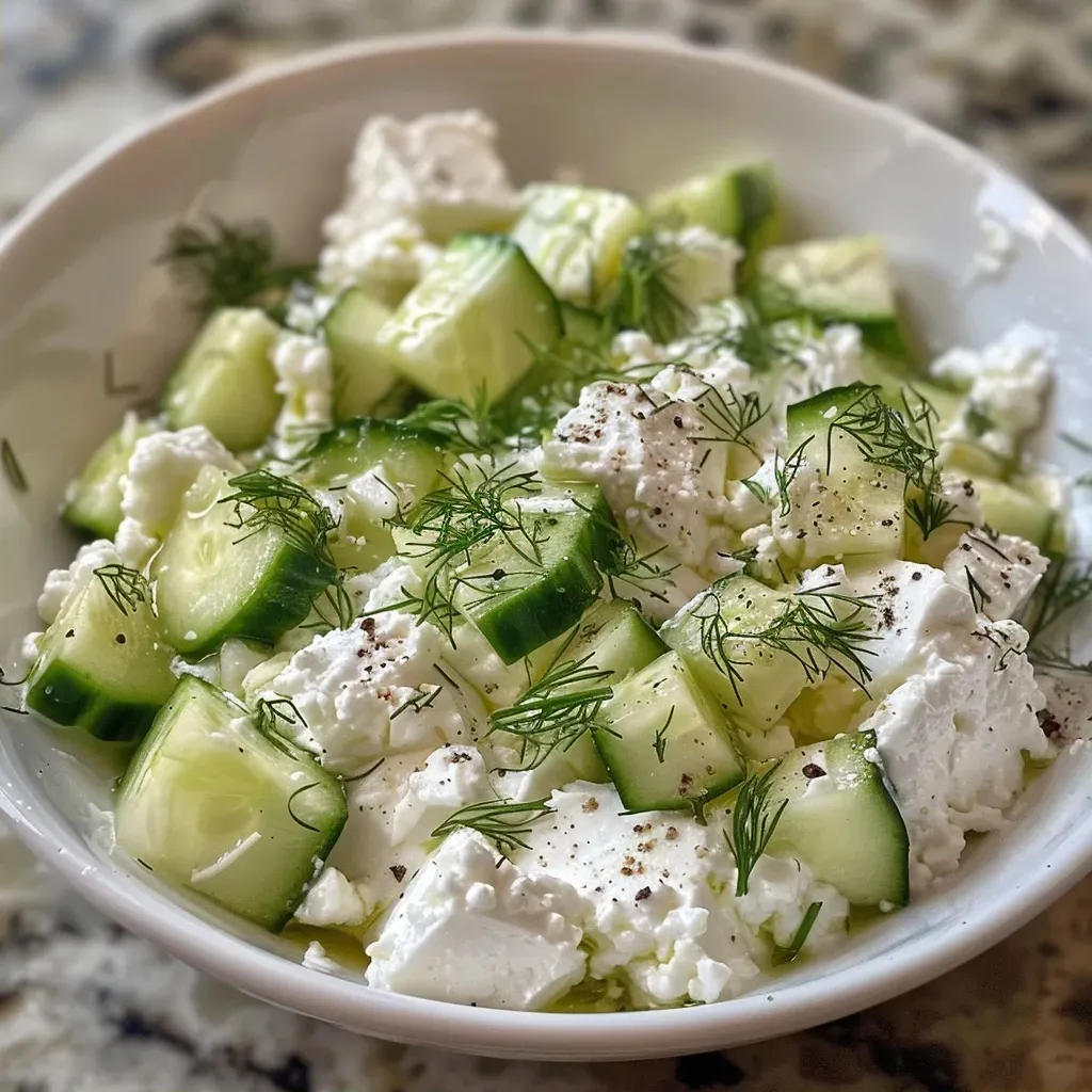 ['A close-up side view of a Cottage Cheese Cucumber Salad in a white bowl with fresh cucumber slices.', 'A vibrant Cottage Cheese Cucumber Salad featuring green cucumbers and fluffy cottage cheese, presented in a bowl.', 'A detailed shot of a fresh cottage cheese salad with diced cucumbers and herbs, set against a simple background.', 'An appetizing side view of Cottage Cheese Cucumber Salad highlighting cucumber pieces and creamy cottage cheese.']