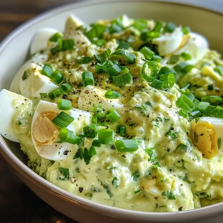 ['Close-up of creamy avocado egg salad in a bowl, garnished with green onions and parsley.', 'Side view of a creamy avocado egg salad with chunks of avocado and eggs, served in a white dish.', 'Textured close-up of a thick avocado egg salad featuring cottage cheese and fresh herbs.', 'Delicious green avocado egg salad mixed with chopped eggs and cottage cheese, seen from the side.']