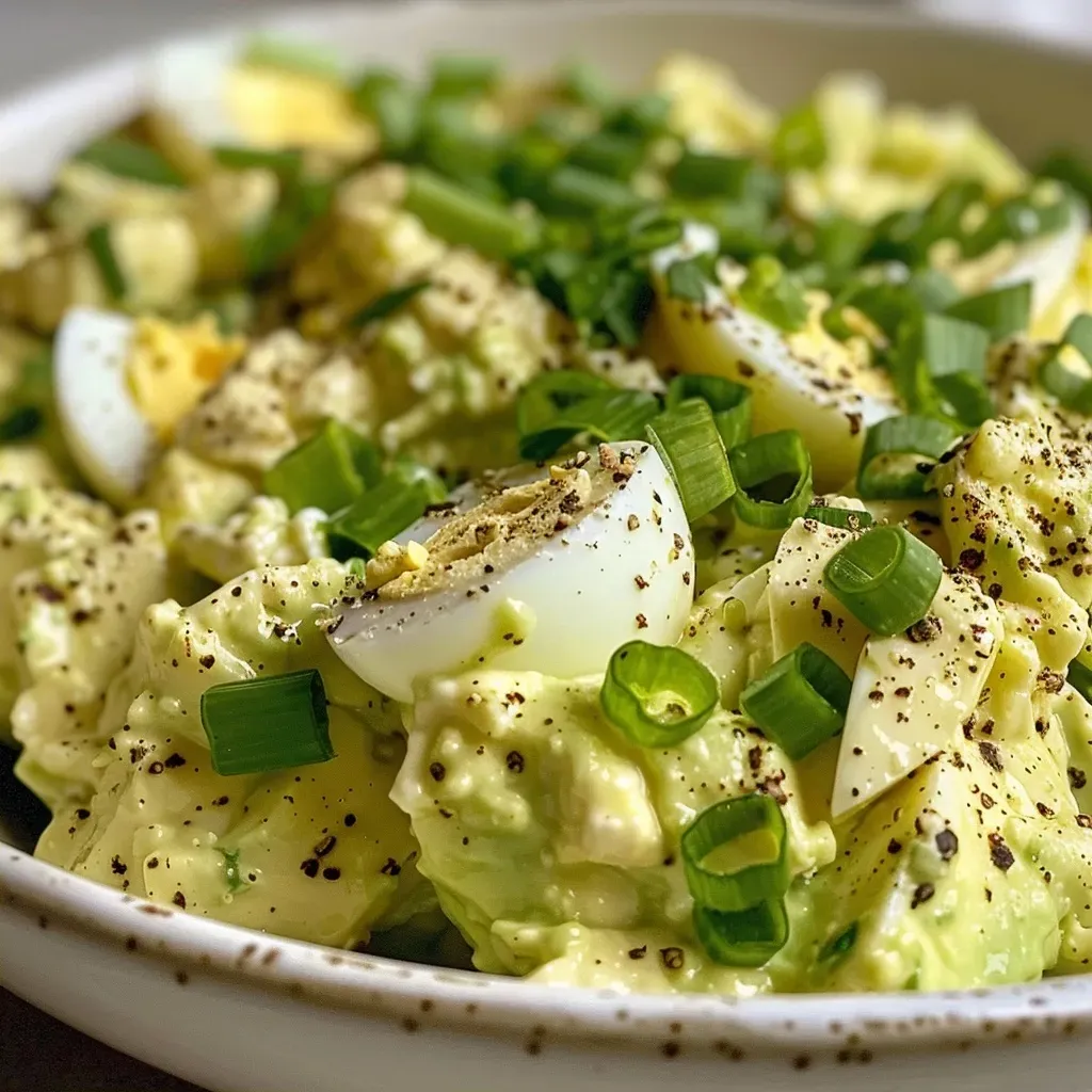 Close-up of creamy avocado egg salad in a bowl, garnished with green onions and parsley.