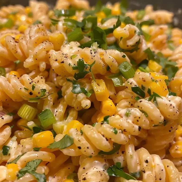['Close-up view of a creamy corn pasta salad featuring pasta, corn, and colorful vegetables.', 'Side view of a vibrant creamy corn pasta salad with ingredients like cheese and green onions.', 'Detailed shot of creamy corn pasta salad served in a bowl, showcasing its creamy texture and fresh ingredients.', 'Close-up of a delicious creamy corn pasta salad, highlighting the contrasting colors of corn, pasta, and herbs.']