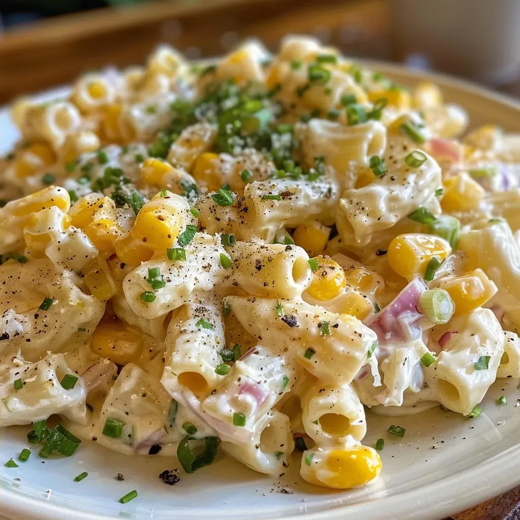 ['Close-up view of a creamy corn pasta salad featuring pasta, corn, and colorful vegetables.', 'Side view of a vibrant creamy corn pasta salad with ingredients like cheese and green onions.', 'Detailed shot of creamy corn pasta salad served in a bowl, showcasing its creamy texture and fresh ingredients.', 'Close-up of a delicious creamy corn pasta salad, highlighting the contrasting colors of corn, pasta, and herbs.']