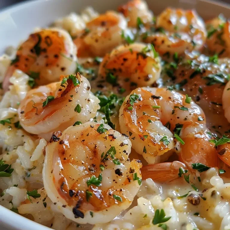 ['Close-up view of creamy garlic shrimp served over fluffy rice with a garnish of parsley.', 'Juicy shrimp in a rich garlic cream sauce on a bed of jasmine rice with visible garlic cloves.', 'Side view of a delicious plate featuring creamy garlic shrimp accompanied by white rice.', 'Detailed image of shrimp cooked in creamy sauce placed beside pilaf-style rice with herbs.']