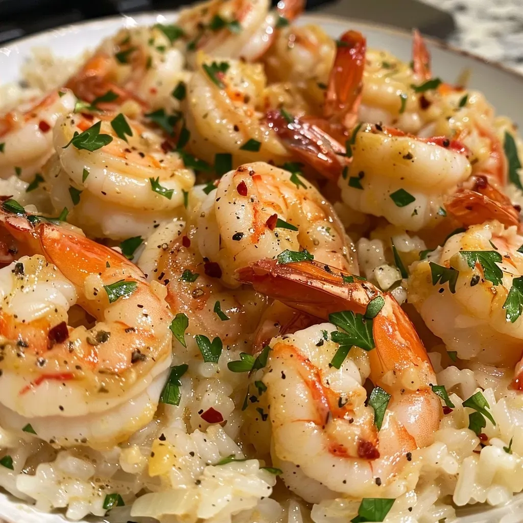 ['Close-up view of creamy garlic shrimp served over fluffy rice with a garnish of parsley.', 'Juicy shrimp in a rich garlic cream sauce on a bed of jasmine rice with visible garlic cloves.', 'Side view of a delicious plate featuring creamy garlic shrimp accompanied by white rice.', 'Detailed image of shrimp cooked in creamy sauce placed beside pilaf-style rice with herbs.']
