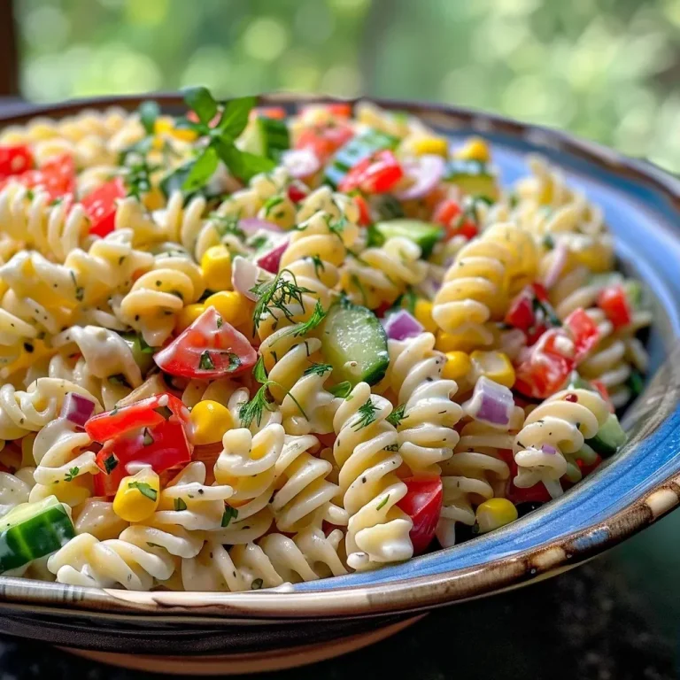 ['Close-up view of a creamy pasta salad with colorful vegetables and beans.', 'Side angle of a vibrant creamy pasta salad featuring pasta, red bell peppers, and olives.', 'Detailed image of creamy pasta salad showcasing short pasta mixed with fresh vegetables.', 'Appetizing close-up of creamy pasta salad highlighting cucumbers, pickles, and a creamy dressing.']