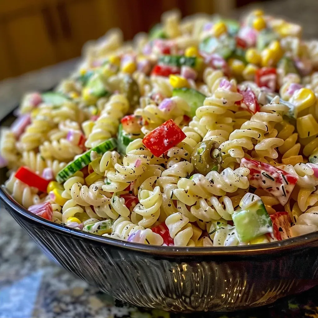 ['Close-up view of a creamy pasta salad with colorful vegetables and beans.', 'Side angle of a vibrant creamy pasta salad featuring pasta, red bell peppers, and olives.', 'Detailed image of creamy pasta salad showcasing short pasta mixed with fresh vegetables.', 'Appetizing close-up of creamy pasta salad highlighting cucumbers, pickles, and a creamy dressing.']