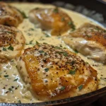 ['Close-up of creamy ranch chicken with a golden-brown crust.', 'Side view of juicy chicken breasts coated in creamy ranch sauce.', 'Succulent creamy ranch chicken garnished and ready to serve.', 'Detailed shot of creamy ranch chicken highlighting rich textures.']