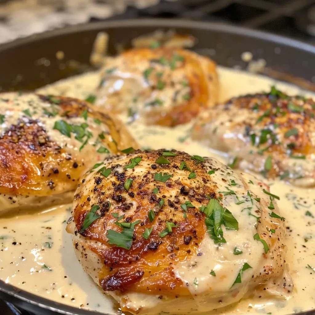 Close-up of creamy ranch chicken with a golden-brown crust.