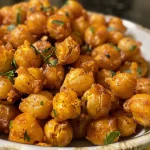 ['Close-up of crispy air-fried chickpeas in a bowl, golden brown and crunchy.', 'A side view of perfectly roasted chickpeas, showing their crispy texture and rich color.', 'Delicious looking air-fried chickpeas with a sprinkle of spices, displayed neatly.', 'Bowl filled with golden, crispy chickpeas, highlighting their appetizing appearance.']