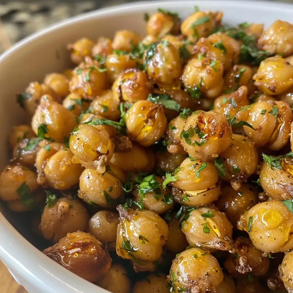 ['Close-up of crispy air-fried chickpeas in a bowl, golden brown and crunchy.', 'A side view of perfectly roasted chickpeas, showing their crispy texture and rich color.', 'Delicious looking air-fried chickpeas with a sprinkle of spices, displayed neatly.', 'Bowl filled with golden, crispy chickpeas, highlighting their appetizing appearance.']