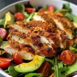 ['Close-up of a juicy crispy chicken avocado salad with vibrant greens and tomatoes.', 'Side view of a fresh salad featuring crispy chicken, sliced avocado, and cherry tomatoes.', 'Deliciously plated crispy chicken avocado salad with tortilla strips on mixed greens.', 'Colorful crispy chicken salad with sliced avocado, cherry tomatoes, and garnishing ingredients.']