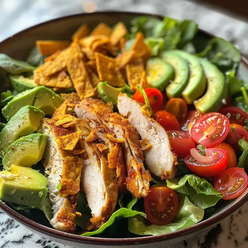 ['Close-up of a juicy crispy chicken avocado salad with vibrant greens and tomatoes.', 'Side view of a fresh salad featuring crispy chicken, sliced avocado, and cherry tomatoes.', 'Deliciously plated crispy chicken avocado salad with tortilla strips on mixed greens.', 'Colorful crispy chicken salad with sliced avocado, cherry tomatoes, and garnishing ingredients.']