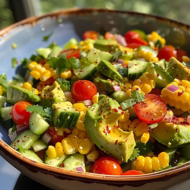 ['A vibrant salad featuring crispy corn, diced avocado, cherry tomatoes, and cucumber.', 'A close-up view of a delicious crispy corn avocado salad with colorful ingredients.', 'A fresh salad showcasing tender corn, creamy avocado, and bright cherry tomatoes.', 'A side perspective of a crispy corn salad, highlighting its juicy ingredients.']