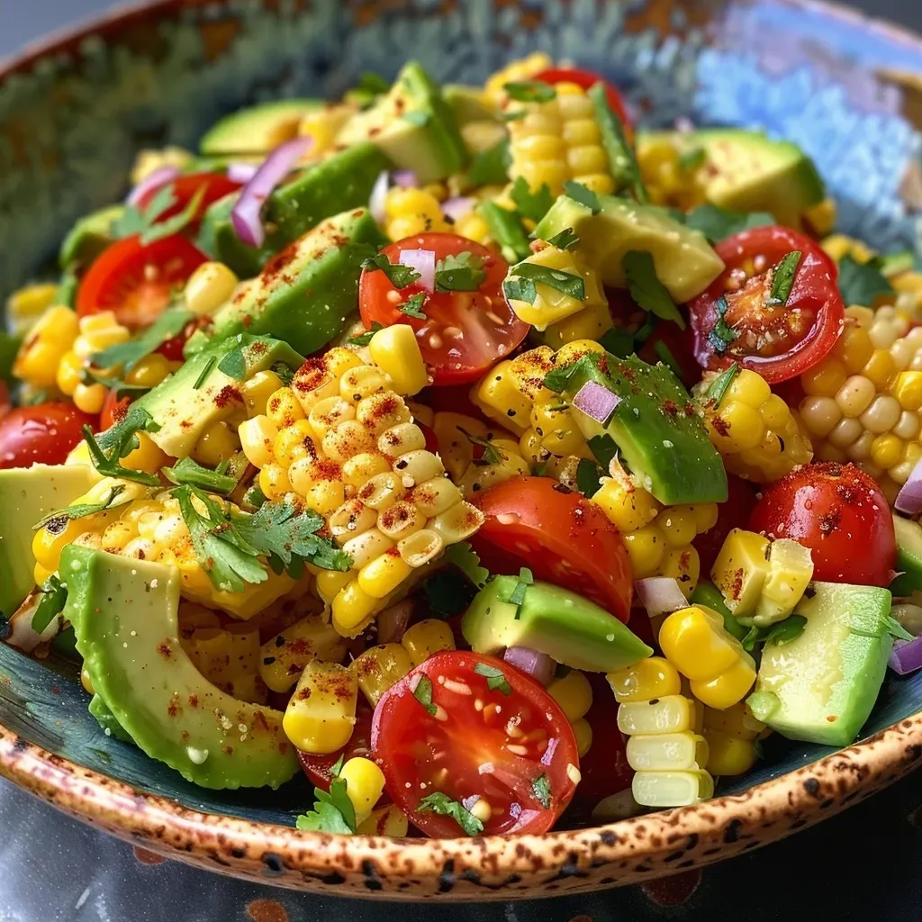 ['A vibrant salad featuring crispy corn, diced avocado, cherry tomatoes, and cucumber.', 'A close-up view of a delicious crispy corn avocado salad with colorful ingredients.', 'A fresh salad showcasing tender corn, creamy avocado, and bright cherry tomatoes.', 'A side perspective of a crispy corn salad, highlighting its juicy ingredients.']