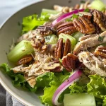 ['Close-up view of a colorful Crunchy Chicken Salad with visible chicken, nuts, and vegetables.', 'Side view of a fresh Crunchy Chicken Salad displayed in a bowl, showcasing its vibrant ingredients.', 'Detailed image of a delicious Crunchy Chicken Salad, featuring shredded chicken and nuts among fresh veggies.', 'Close-up of a hearty Crunchy Chicken Salad, highlighting its creamy texture and colorful ingredients.']