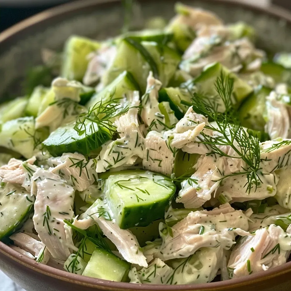 ['Close-up view of a cucumber dill turkey salad with Greek yogurt in a bowl.', 'Shredded turkey, fresh cucumbers, and dill mixed with Greek yogurt in a salad.', 'A vibrant cucumber dill turkey salad featuring chunks of cucumber and turkey.', 'Side view of a healthy salad showcasing cucumber, dill, and turkey with yogurt dressing.']