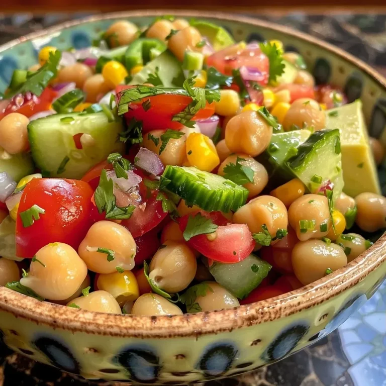 ['A vibrant Easy Chickpea Salad with chopped vegetables in a bowl.', 'Close-up side view of a colorful Easy Chickpea Salad featuring chickpeas, corn, and avocados.', 'Fresh Easy Chickpea Salad displayed with various chopped ingredients including tomatoes and cucumber.', 'A delicious serving of Easy Chickpea Salad, highlighting the blend of veggies and chickpeas.']