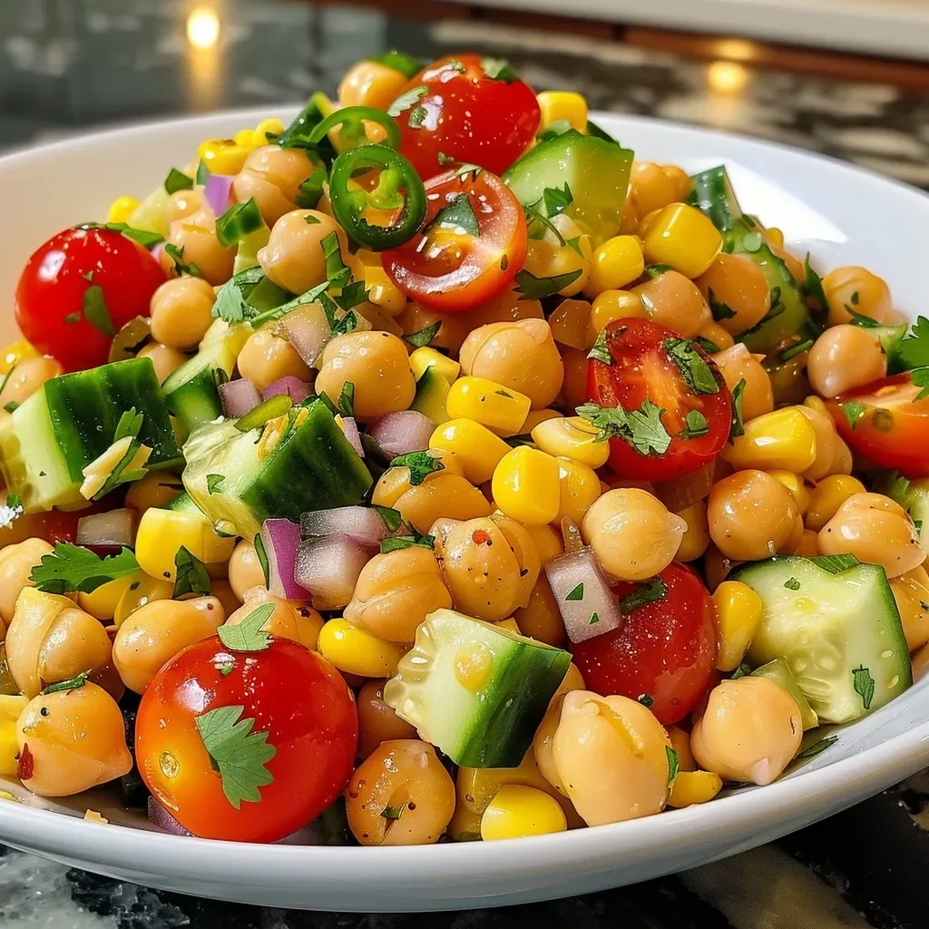 A vibrant Easy Chickpea Salad with chopped vegetables in a bowl.