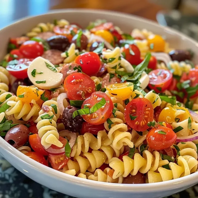 ['A vibrant Easy Italian Pasta Salad featuring tri-color rotini and fresh ingredients.', 'Close-up view of a delicious Easy Italian Pasta Salad with colorful toppings and dressing.', 'Juicy pasta salad showing cherry tomatoes, mozzarella, and summer sausage in a bowl.', 'Side view of a colorful pasta salad with olives, onions, and a drizzle of Italian dressing.']