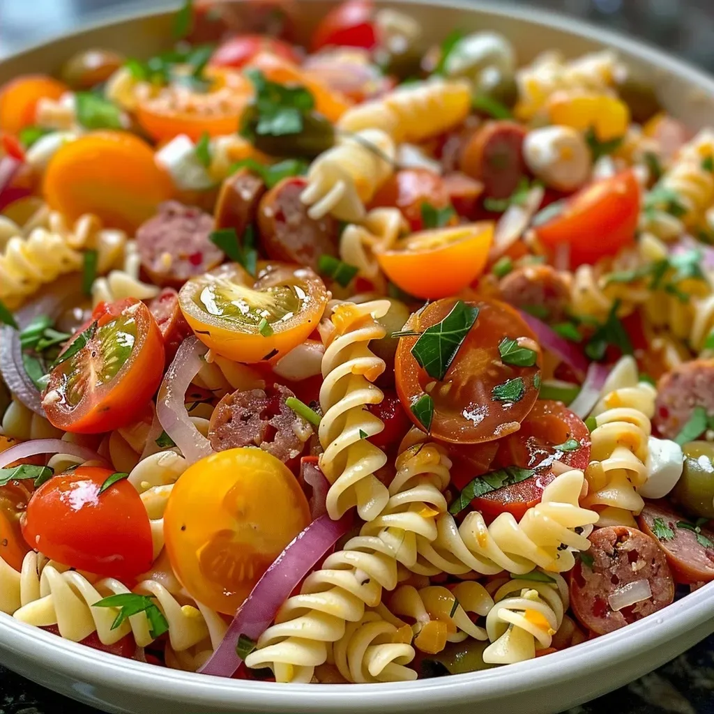 ['A vibrant Easy Italian Pasta Salad featuring tri-color rotini and fresh ingredients.', 'Close-up view of a delicious Easy Italian Pasta Salad with colorful toppings and dressing.', 'Juicy pasta salad showing cherry tomatoes, mozzarella, and summer sausage in a bowl.', 'Side view of a colorful pasta salad with olives, onions, and a drizzle of Italian dressing.']