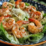 ['Close-up view of a shrimp Caesar salad with avocado and Parmesan cheese.', 'Juicy shrimp on a bed of romaine lettuce with homemade dressing and croutons.', 'Freshly prepared Easy Shrimp Caesar Salad served in a bowl with green herbs.', 'Delicious shrimp Caesar salad featuring creamy dressing and colorful ingredients.']