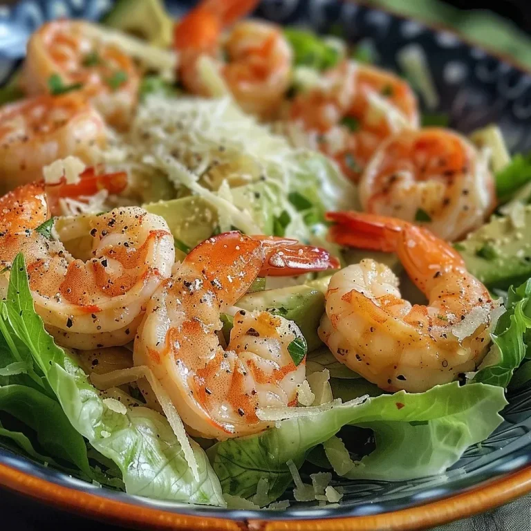 ['Close-up view of a shrimp Caesar salad with avocado and Parmesan cheese.', 'Juicy shrimp on a bed of romaine lettuce with homemade dressing and croutons.', 'Freshly prepared Easy Shrimp Caesar Salad served in a bowl with green herbs.', 'Delicious shrimp Caesar salad featuring creamy dressing and colorful ingredients.']