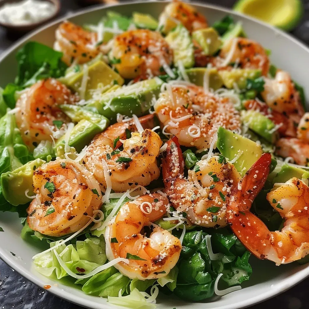 Close-up view of a shrimp Caesar salad with avocado and Parmesan cheese.