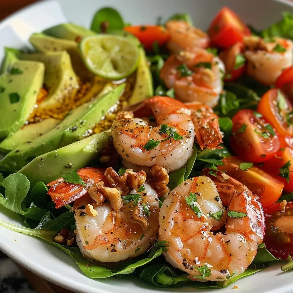 ['Close-up view of a colorful shrimp salad featuring lime and ginger elements.', 'Side view of a vibrant Ginger Lime Shrimp Salad with fresh ingredients.', 'Juicy shrimp salad displayed with avocado, tomatoes, and greens.', 'Detailed shot of a Ginger Lime Shrimp Salad showcasing shrimp and vegetables.']